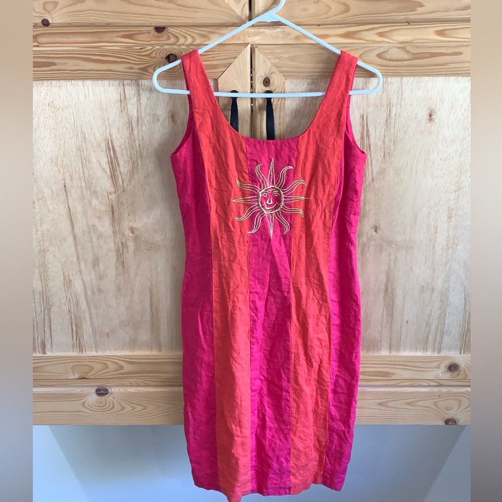 Deborah Laws 100% Linen vintage sun goddess Aztec beachy celestial dress size 4